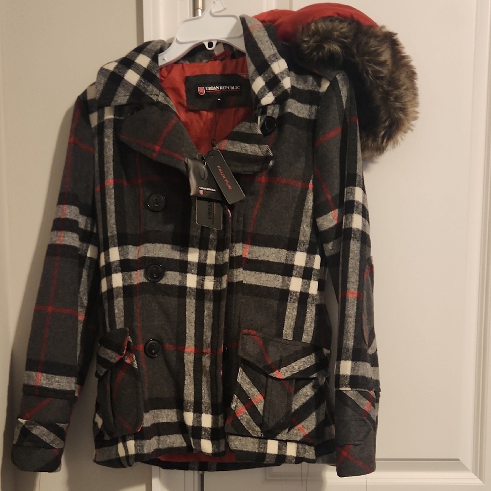 Urban Republic Black and Red Plaid Pea Coat NWT